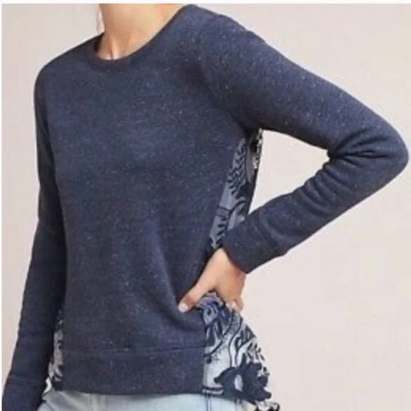 Anthropologie Vanessa Virginia Navy Blue Embroidered Lace Tulle Back Top SZ M - Picture 2 of 14